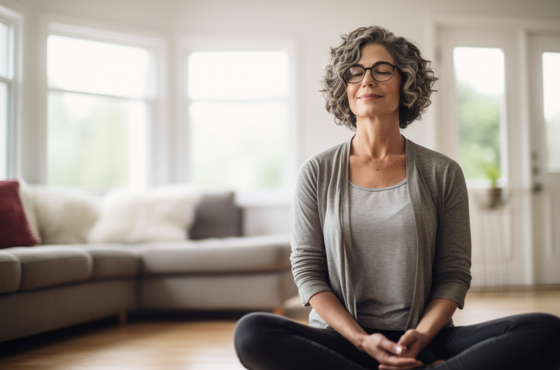 Woman meditating in her home